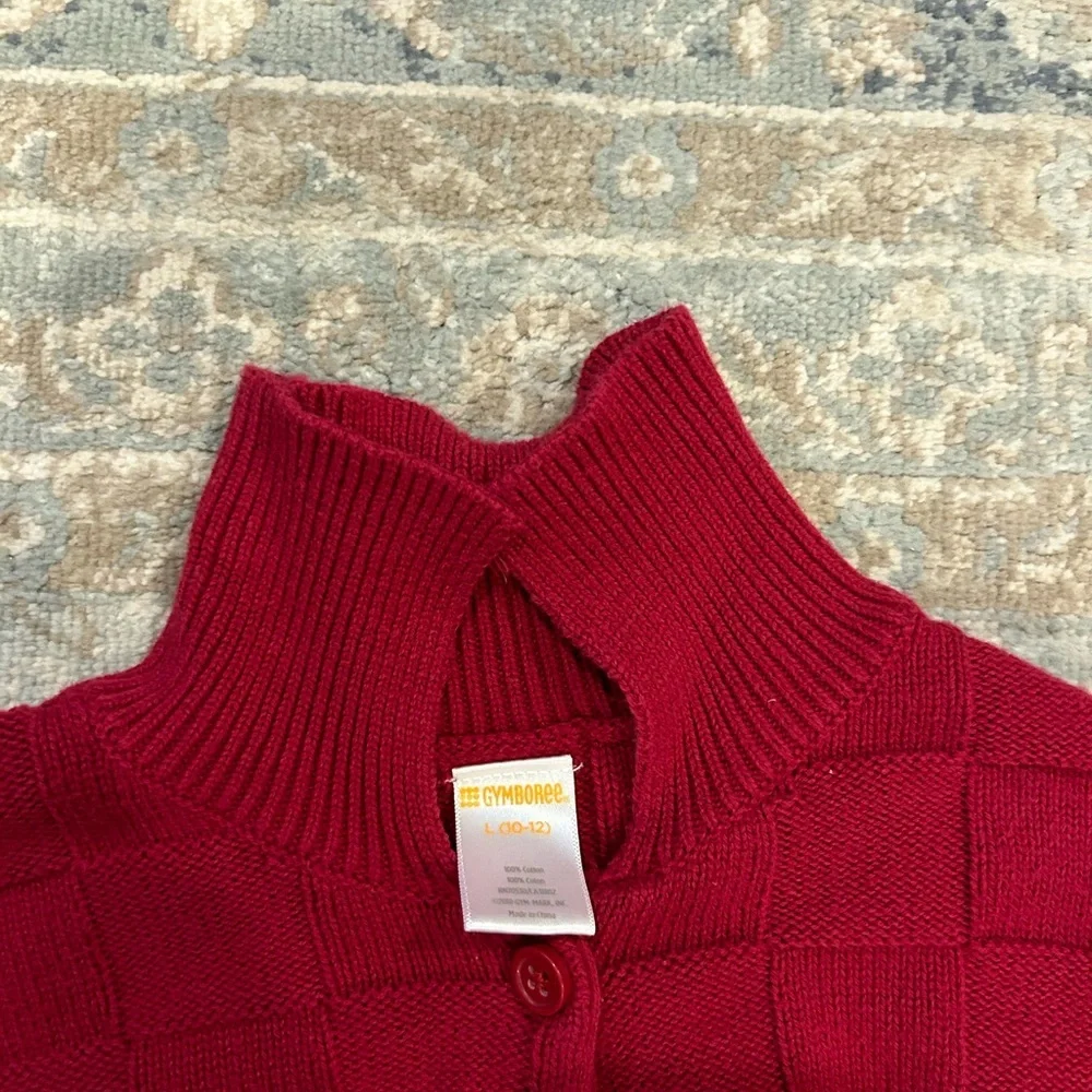 Gymboree sweater girls size large 10-12 red with pom poms buttoned checkered red